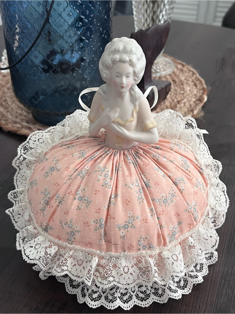 Vintage Porcelain Doll Pin Cushion - Pink Floral with Lace